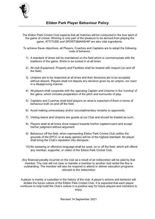 First page of Code of Behaviour