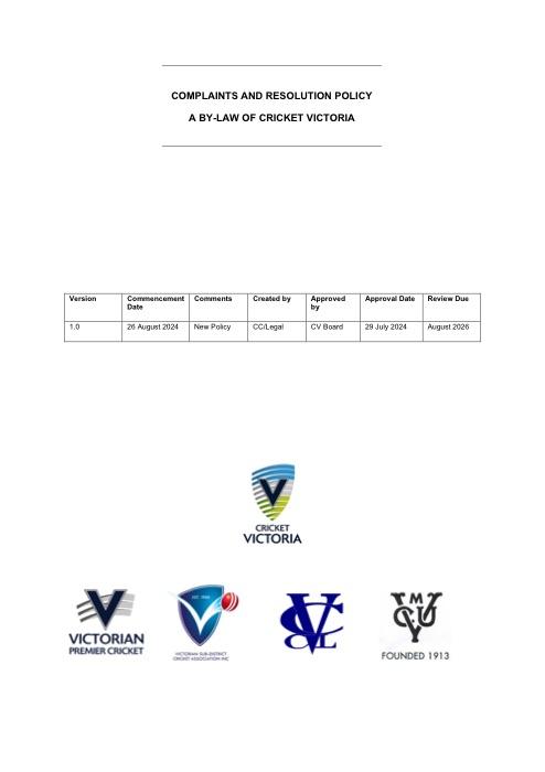 First page of Cricket Victoria Complaints Resolution Policy